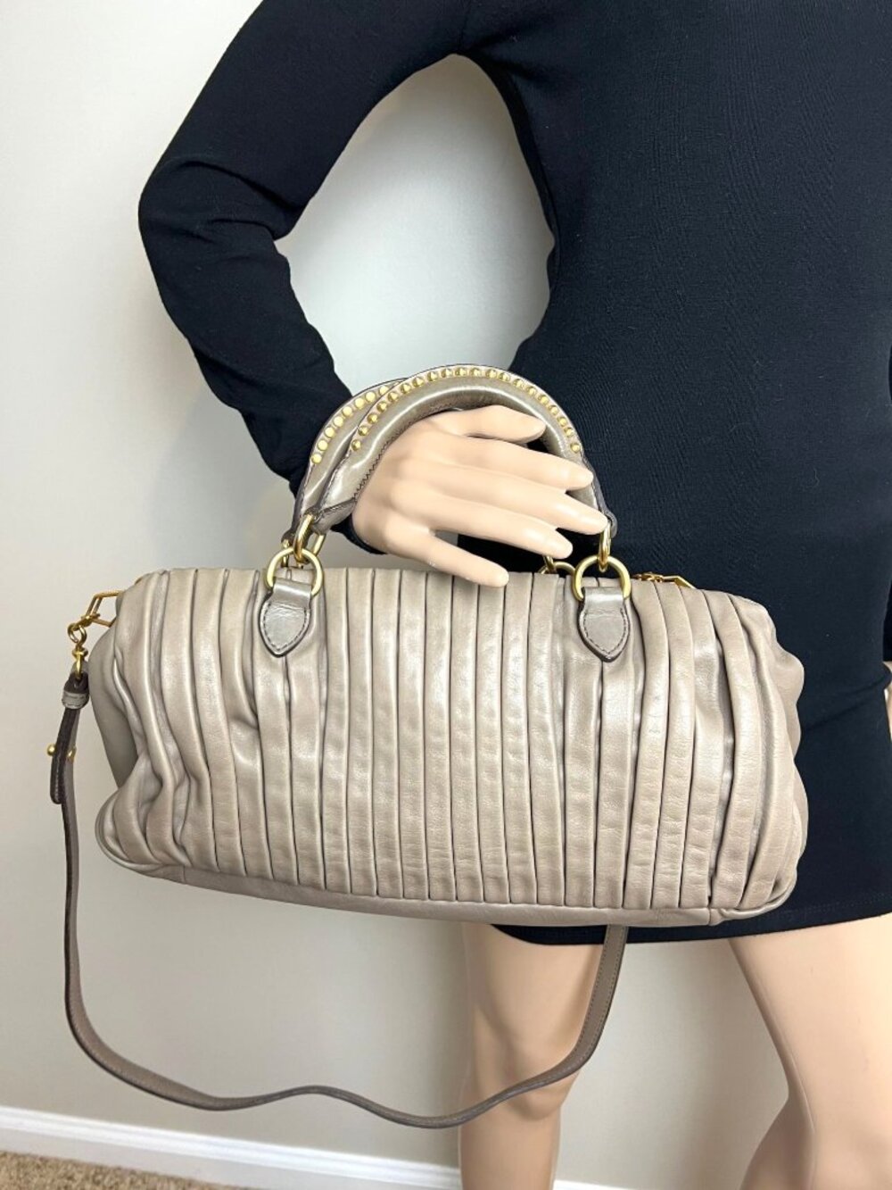 Miu Miu Nappa Plisse Beige Cammeo Bowling Bag Vintage - Picture 5 of 16